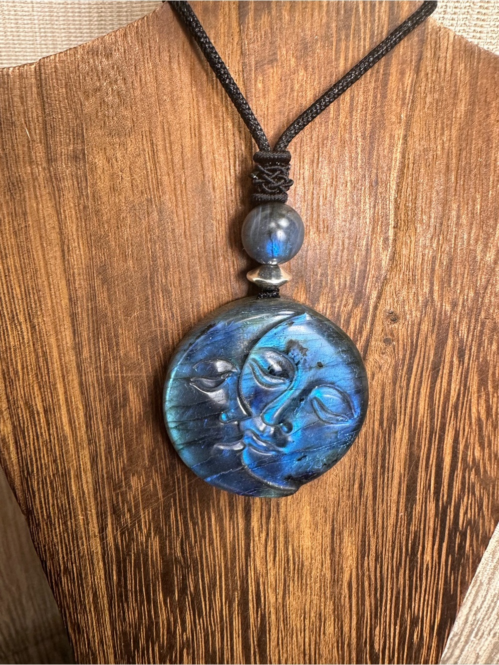 Blue Labradorite Moon and Sun Face Pendant Necklace on Black Adjustable Rope